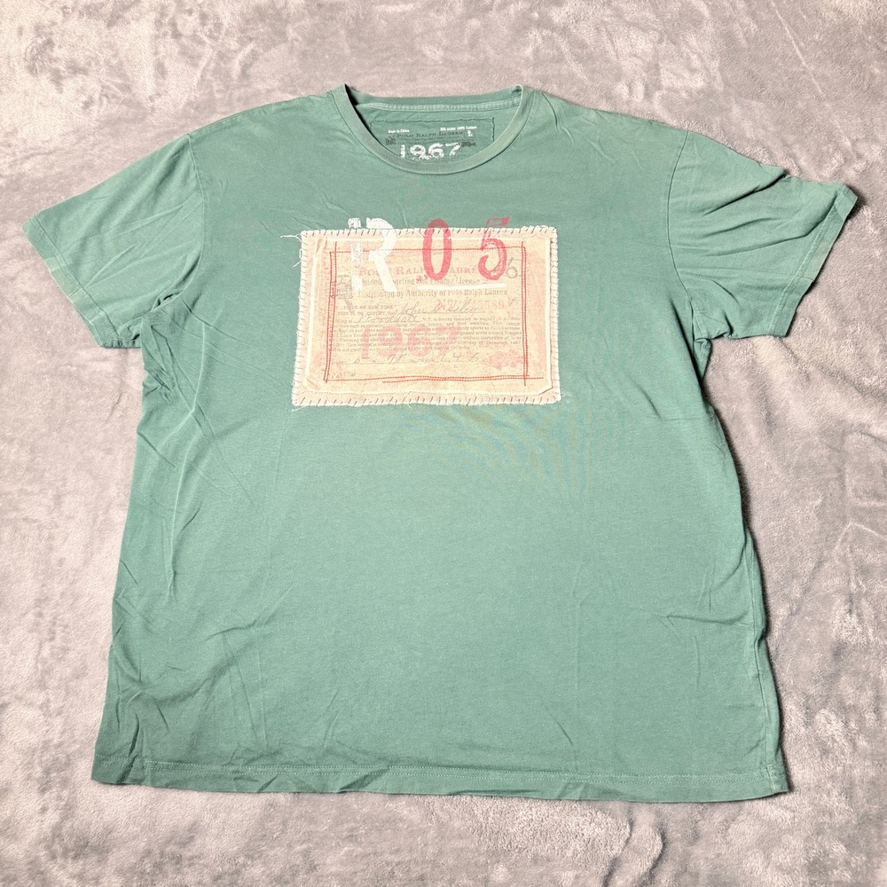 Vintage Polo Ralph Lauren SZ L Green 1967 Fishing License Graphic Patch T-Shirt